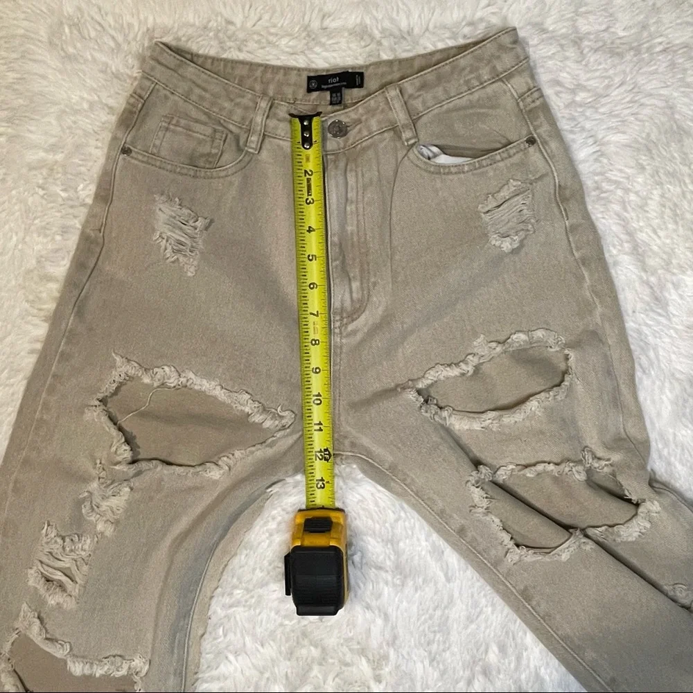 Missguided Tan Distressed Riot High Rise Mom Jeans. Size US 6.